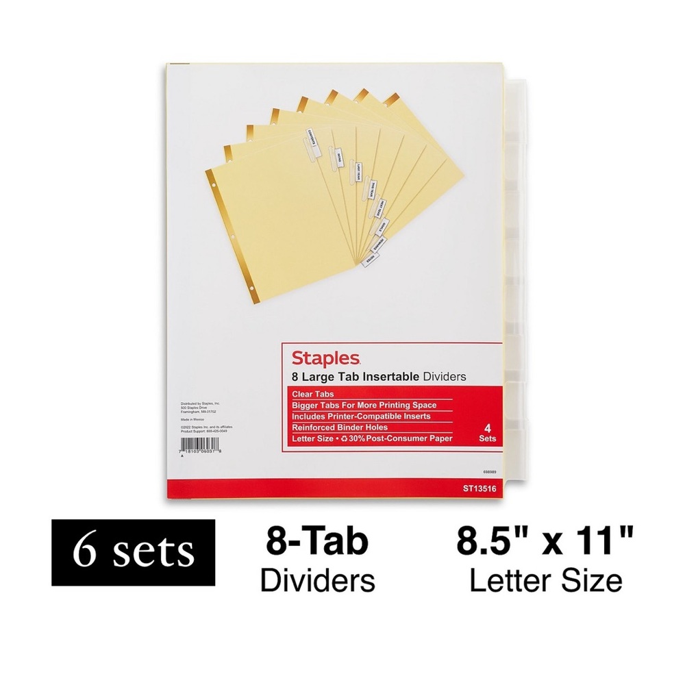 Staples 8-Tab Insertable Dividers (6 sets each) (4 packs)